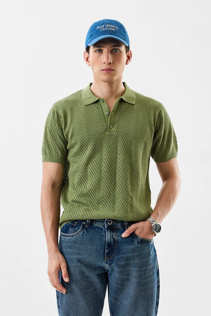 SNITCH Slim Fit Cotton Knitted Green Polo T-Shirt